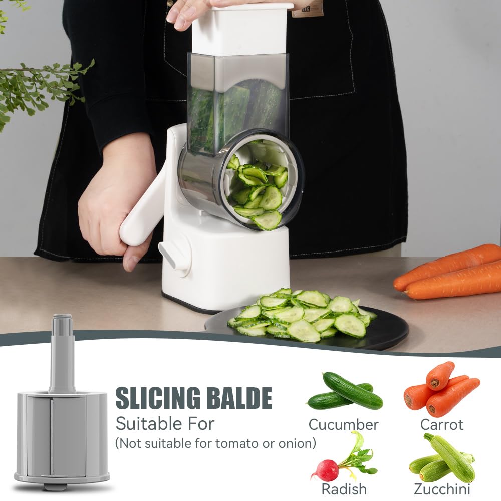 Maxceysen Safe Vegetable Mandoline Slicer Large Multifunctional Rotary Cheese Grater Hand Crank Easy Rotating Veggie Shredder Anti-Cutting, 3 Interchangeable Blades (WhiteGrey)
