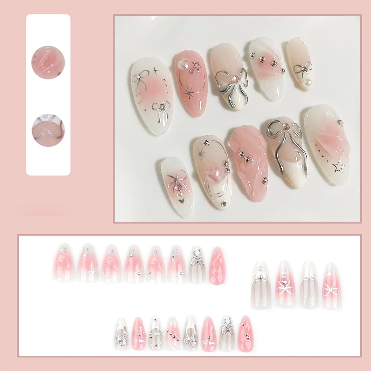 Pink Press on Nails Medium Almond False Nails Gradient Pink White Nails with Silver Bow & Rhinestone Design French Tip Fake Nails Reusable 3D Bow Glue on Nails for Women Party Wedding Manicure 24Pcs