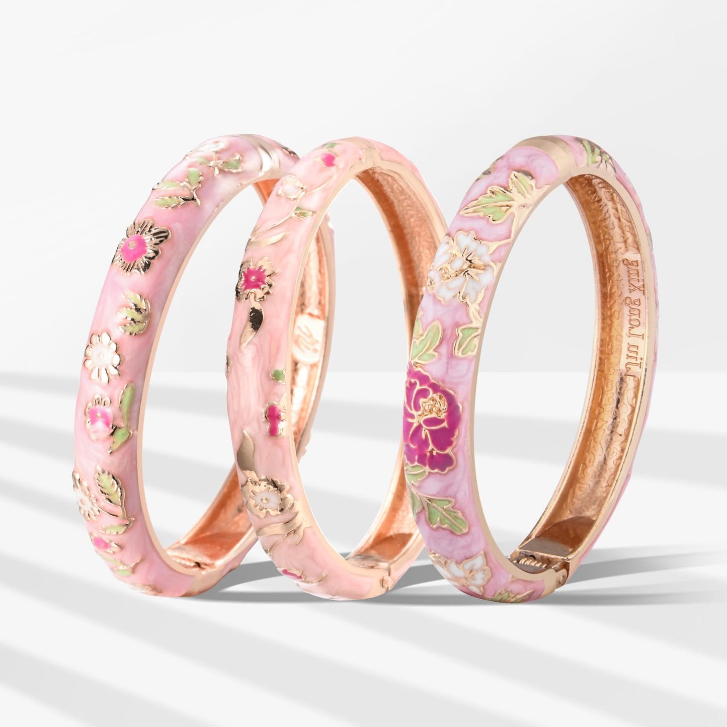 UJOY Womens Enameled Cloisonne Bracelet Gold Plated Flower Enameled Hinged Cuff Bangles Jewelry Gift 55A-3PCS Pink