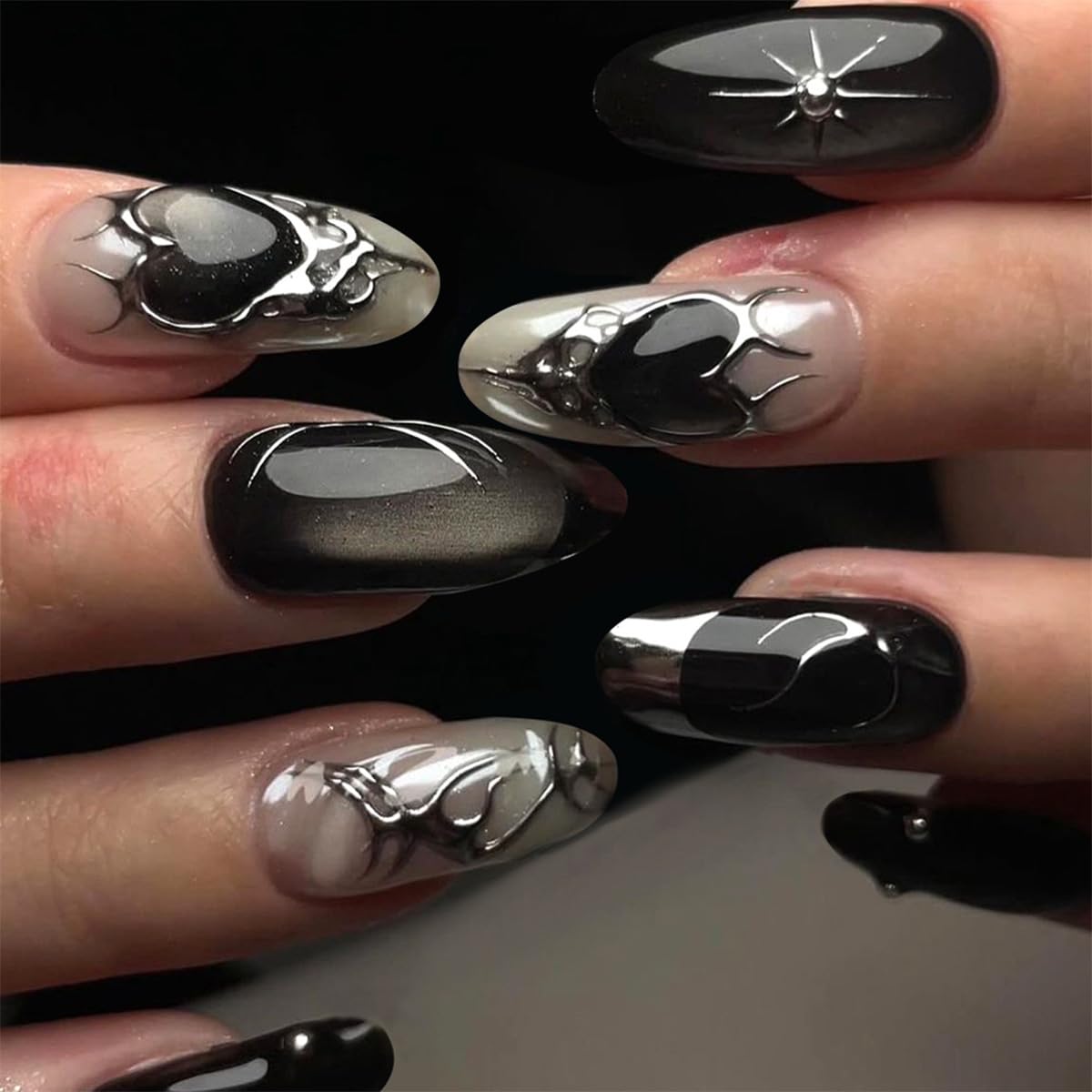24Pcs Black Press on Nails Medium Almond Fake Nails with Silver Star Heart Rhinestones Designs Glossy Acrylic Full Cover Stick on Nail Gothic Dark Black Style False Nails for Women DIY Nails Salon