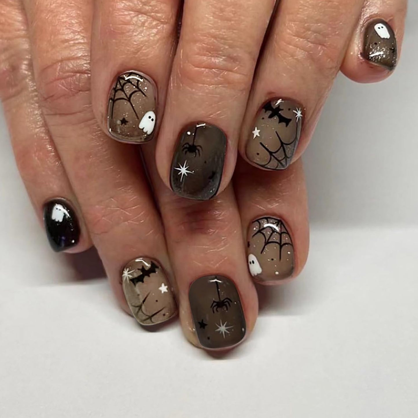 Brown Halloween Press on Nails Spider, Cobweb Stick on Nails Short Square False Nail Bat Ghost Nail Glue on Full Cover Matte Acrylic Nail Halloween Reusable Acrylic Nails for Women 24Pcs