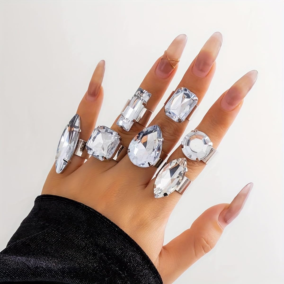 Vivian&CD Silver Chunky Cubic Zirconia Rings Set for Women, Open Adjustable Stackable Non-Tarnish Chunky Knuckle Rings Trendy Fake Diamond Wedding Engagement Promise Eternity Ring Jewelry (Silver)