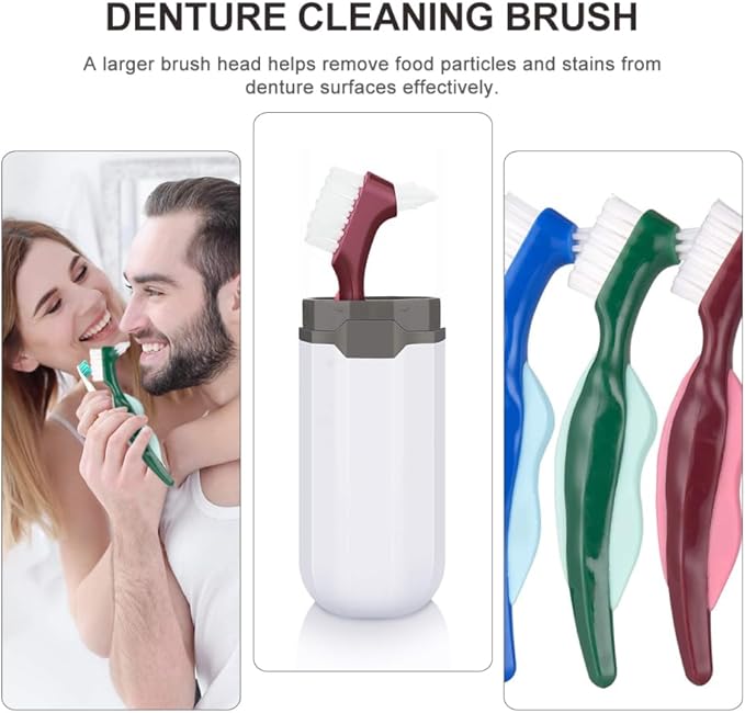 3pcs Double-Headed Denture Cleaning Brush Hard-bristled False Teeth Toothbrushes for Denture Care and Oral Red Green Blue