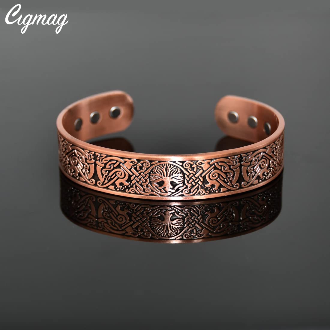 Cigmag 9X Copper Bracelet for Men Copper Magnetic Bracelet Ultra Strength Magnets Tree of Life Raven Pattern Adjustable Solid Pure Cuff Bangle