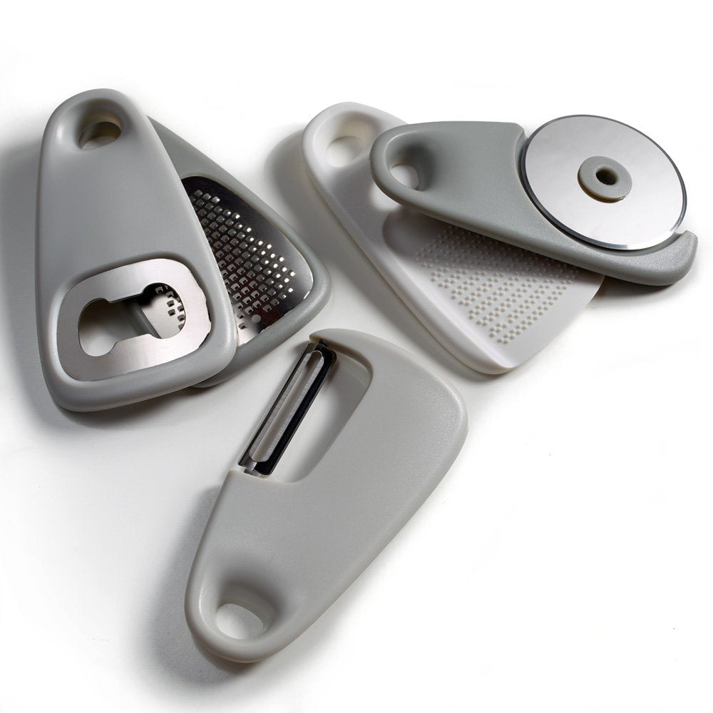 PortoFino Kitchen Gadgets Set 5 Pieces, Includes Pizza Cutter, Cheese Grater, Vegetable Peeler, Bottle Opener, Garlic Grinder, RV Kitchen Accessories, Space Saving Design, Dishwasher Safe