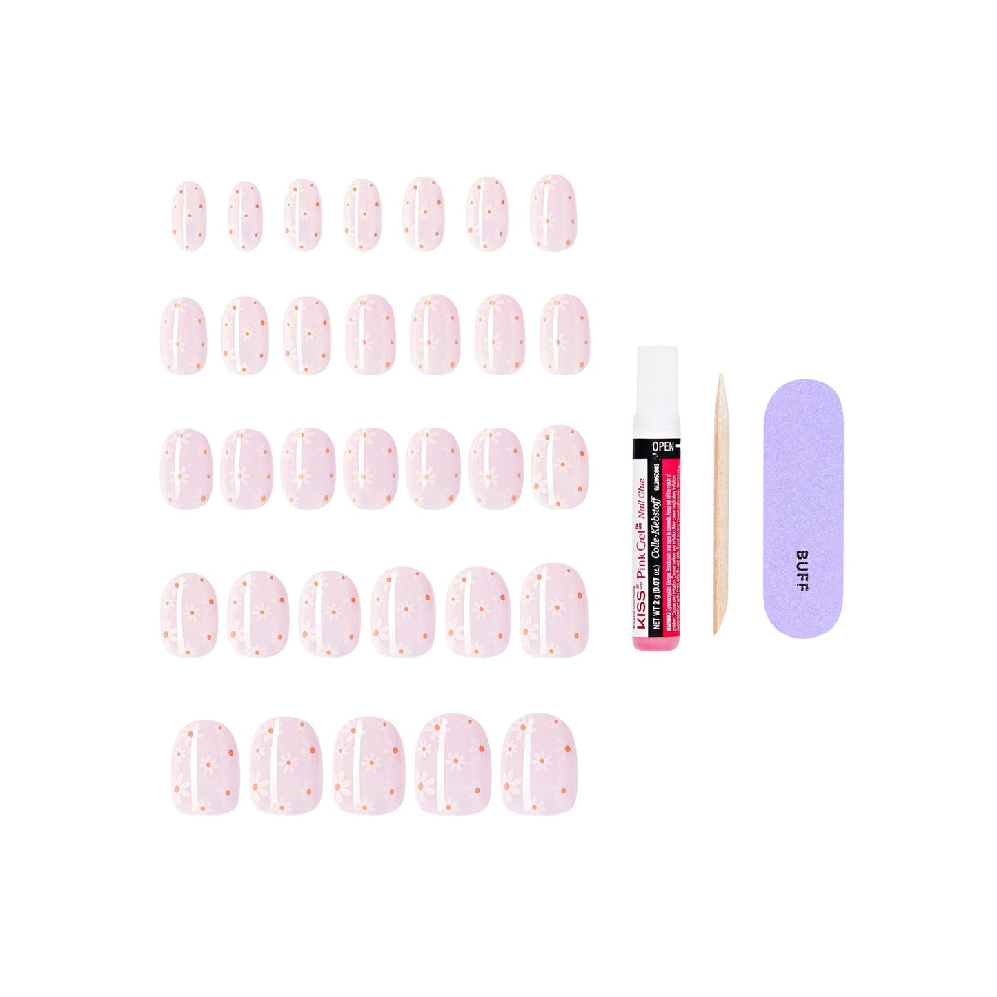 Kiss Core, Press On Nails, Nail glue included, 'Friendship', Pink, Short Size, Round Shape, Includes 32 Nails, 2g Glue, 1 Manicure Stick, 1 Mini File