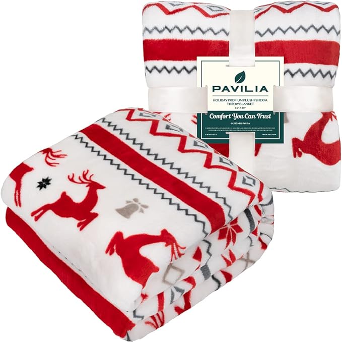 PAVILIA Christmas Throw Blanket | Holiday Christmas Reindeer Snowflakes Fleece Blanket | Soft, Plush, Warm Winter Cabin Throw,60x80 (White Reindeer)