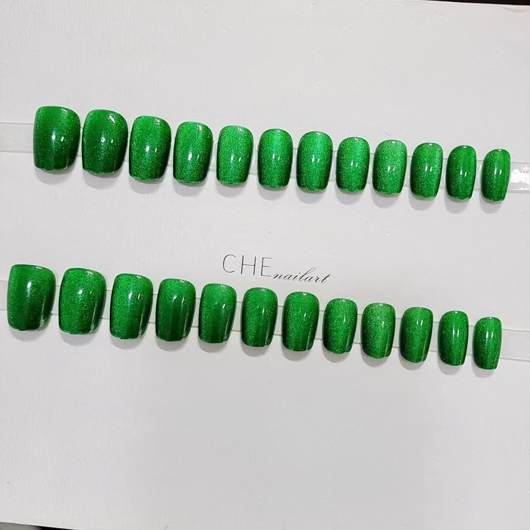 Medium Short Press On Nails Square - Spring Cat Eye Green Fake Nails Coffin Acrylic Nails Press ons Glue on Nails Opaque Glitter Short False Nails in 30 Pcs for Women