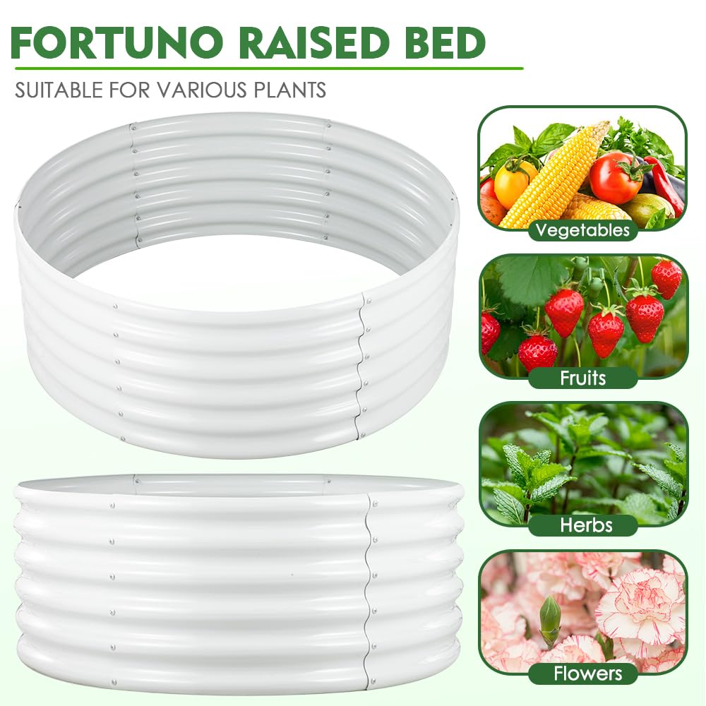 FORTUNO 2 Pcs 17" Tall 4 Ft Round Raised Garden Bed Box Galvanized Metal Outdoor High Flower Bed Steel Patio Ground Planter for Planting Vegetables and Herbs, White