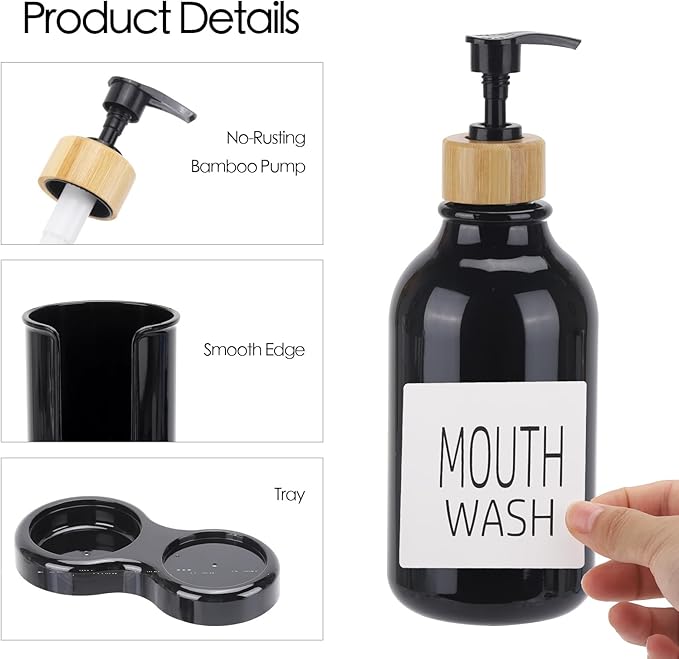 Mouthwash Dispenser for Bathroom, 16oz Plastic Mouthwash Dispenser with Cup Holder and Tray Mouth Wash Bottle Container - Black