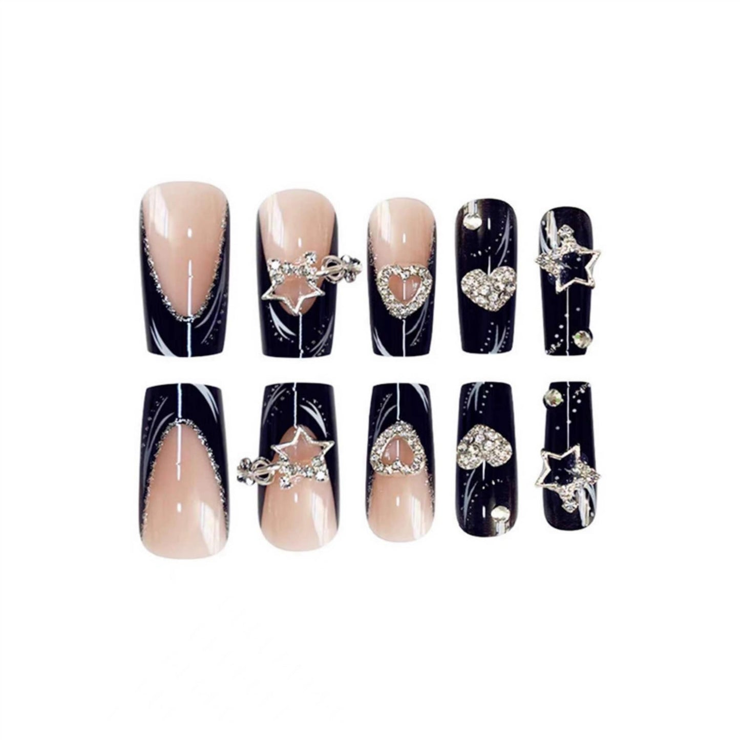 Long Press on Nails Square Fake Nails Black Artificial Nail French Stars and Heart Designs Stick on Nail for Women 24pcs