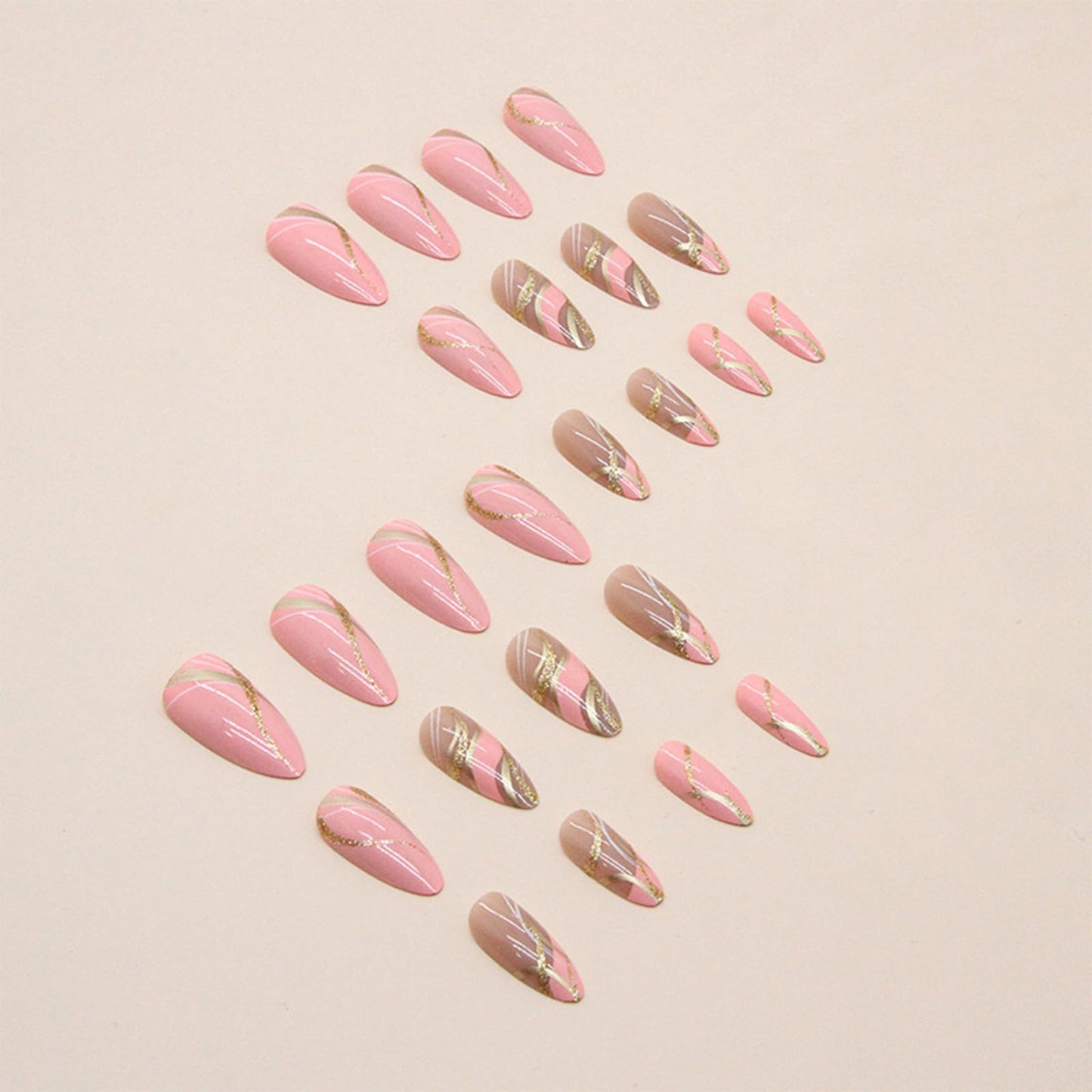 FJSMTOPl Pink Press on Nails Almond Fake Nails Press ons with Design Gold Swirl Medium False Nails Acrylic Glue on Nails Cute Glossy Full Cover Artificial Stick on Nail for Women Manicure 24Pcs