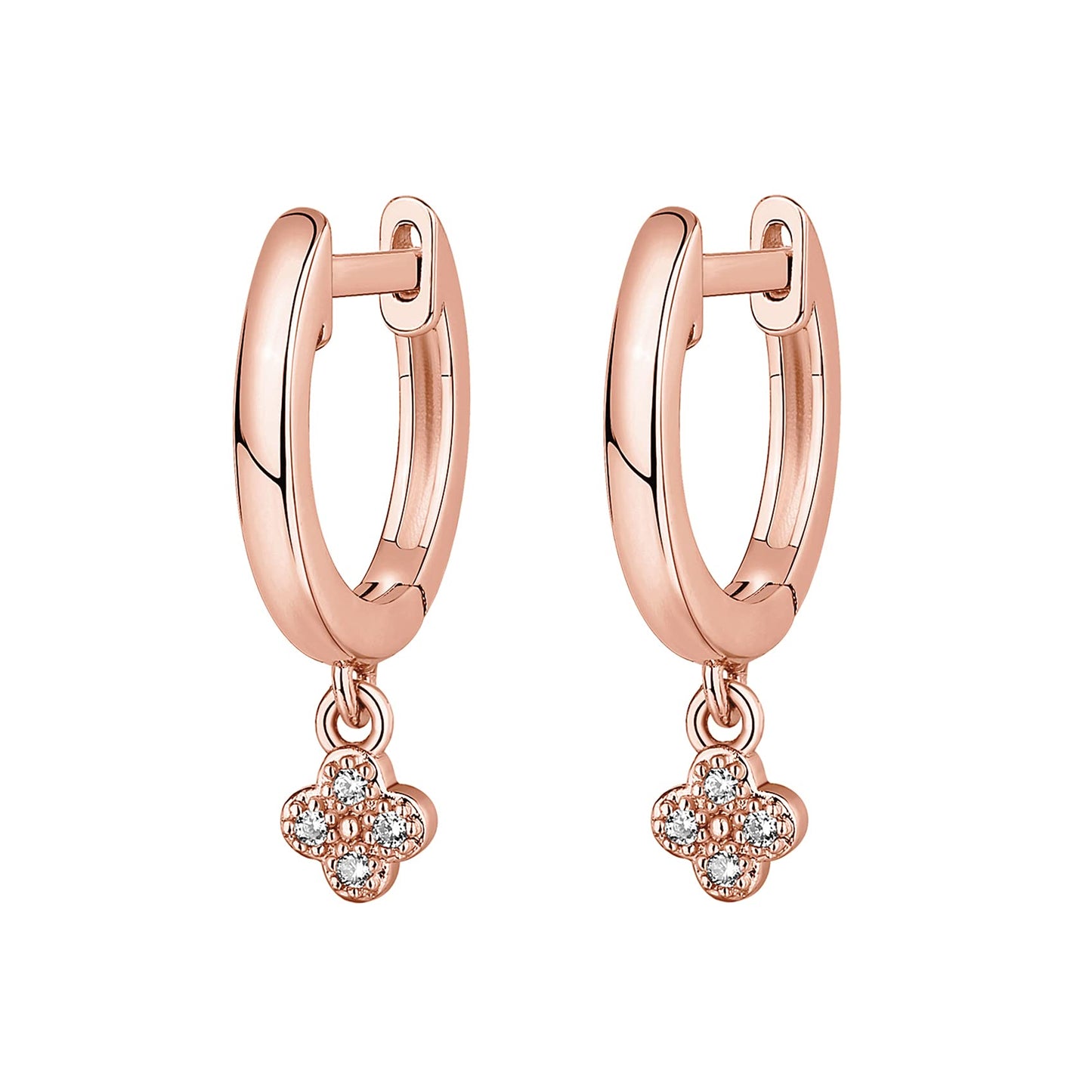 PAVOI 14K Rose Gold Plated 925 Sterling Silver Post Dangle Huggie Hoop Earrings For Women - Trendy Clover Drop Hoop Earrings - Cubic Zirconia Small Hinged Huggies