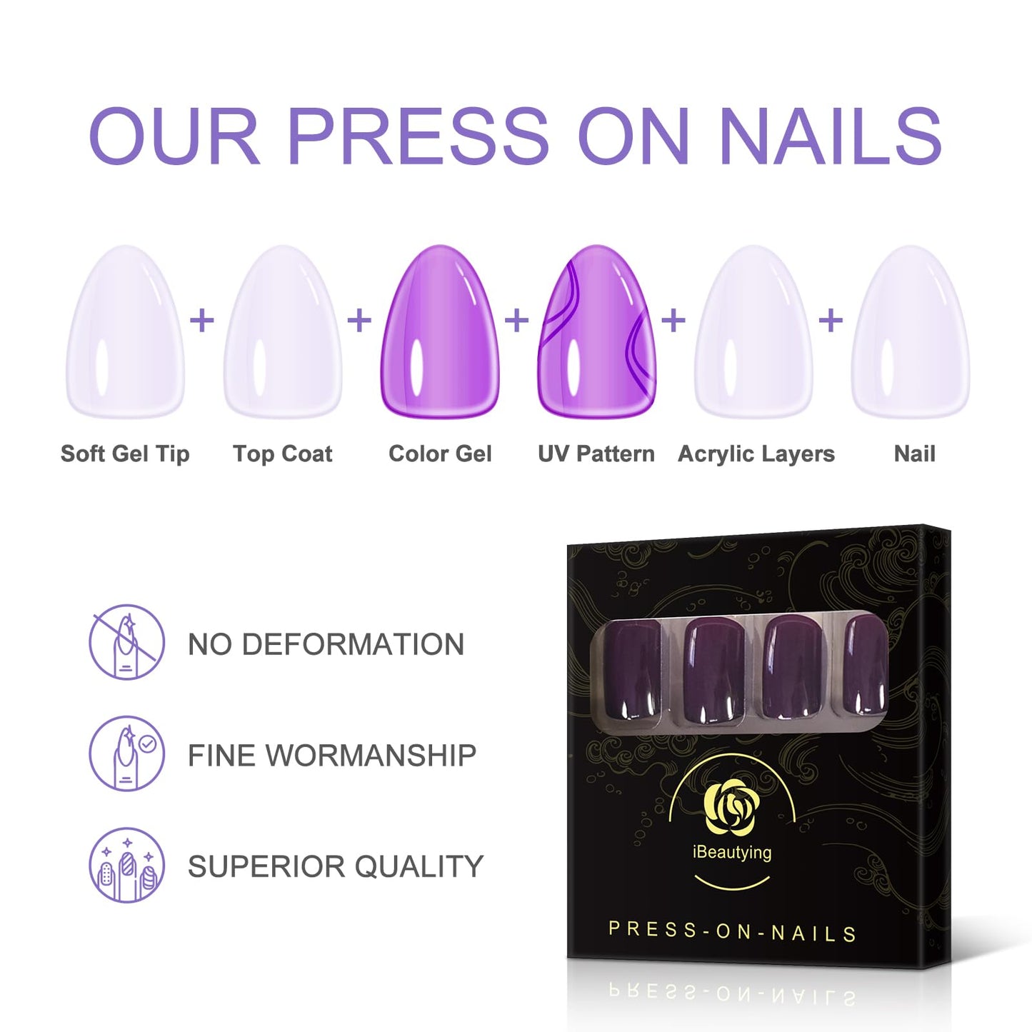 iBeautying Press on Nails - Dark Purple Pure Color False Nails | UV Full Cover Finish Short Squoval Shape Reusable Fake Nails in 10 Sizes - 24 Nail Kit with Jelly Glue Pad
