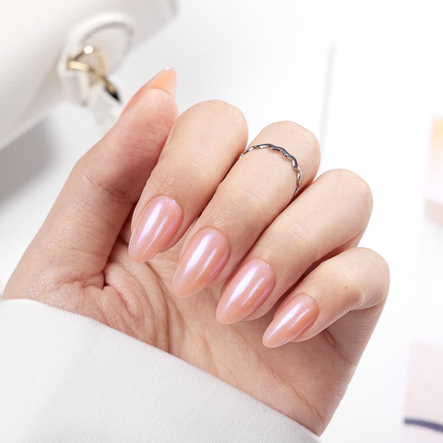 VSALON Short Almond Press On Nails, Pink Shimmer Neutral Fake Nails With UV Cure Glue, Glossy Glazed Opaque Spring Summer Stick On Nails False Nails - 32 Pcs 16 Sizes