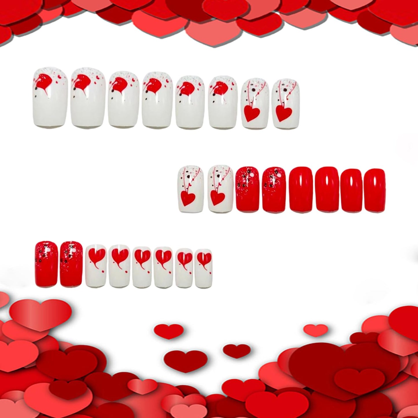 Heart Press on Nails Short Square Artificial Acrylic Fake Nails Red Love with Red Lines Design Valentines Artificial Fingernails Full Cover Glossy Glitter Stick on Nail for Women Festival Manicure