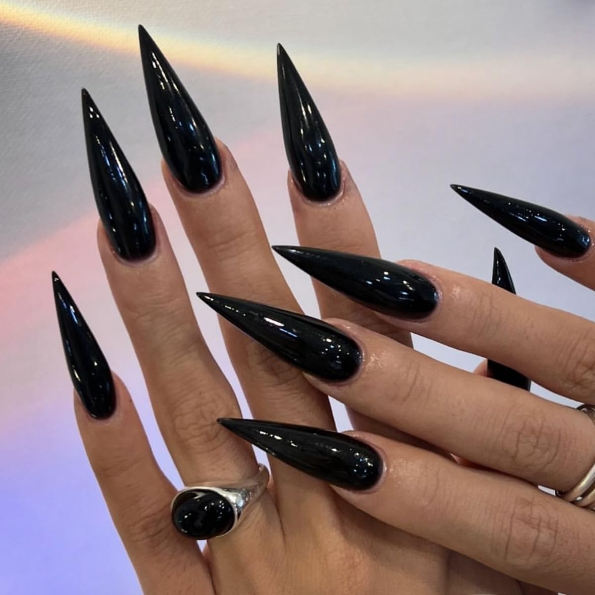 Press on Nails Long Stiletto Fake Nails Black False Nails Solid Color Design Extra Long Full Cover Glossy Acrylic Nails for Women Manicure 24PCS