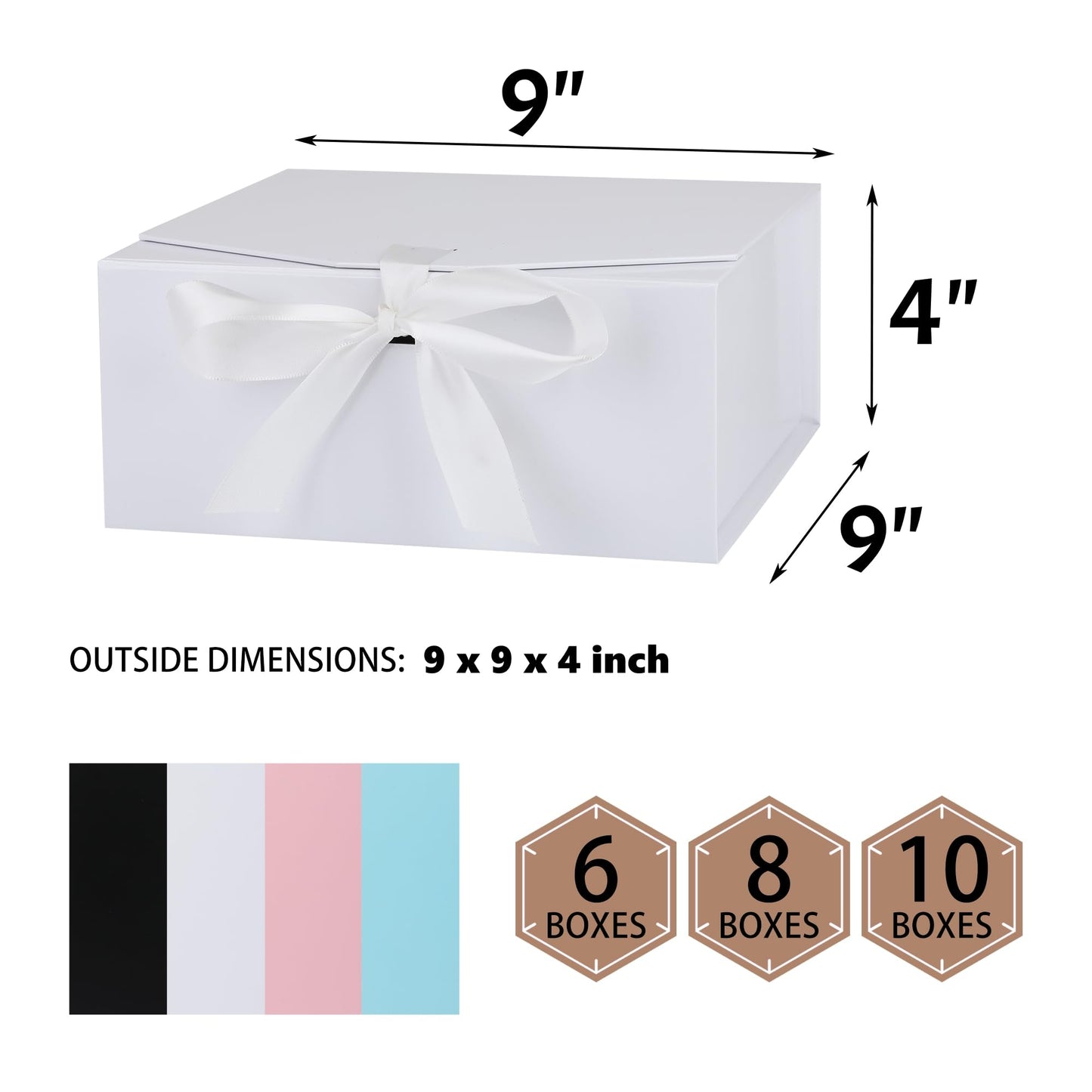 OEMVALATY 6-Pack Gift Boxes,9x9x4 Inch Magnetic Gift Boxes with Lids for Presents,White with Ribbon, Bridesmaid Proposal Box for Wedding, Storage, Birthday