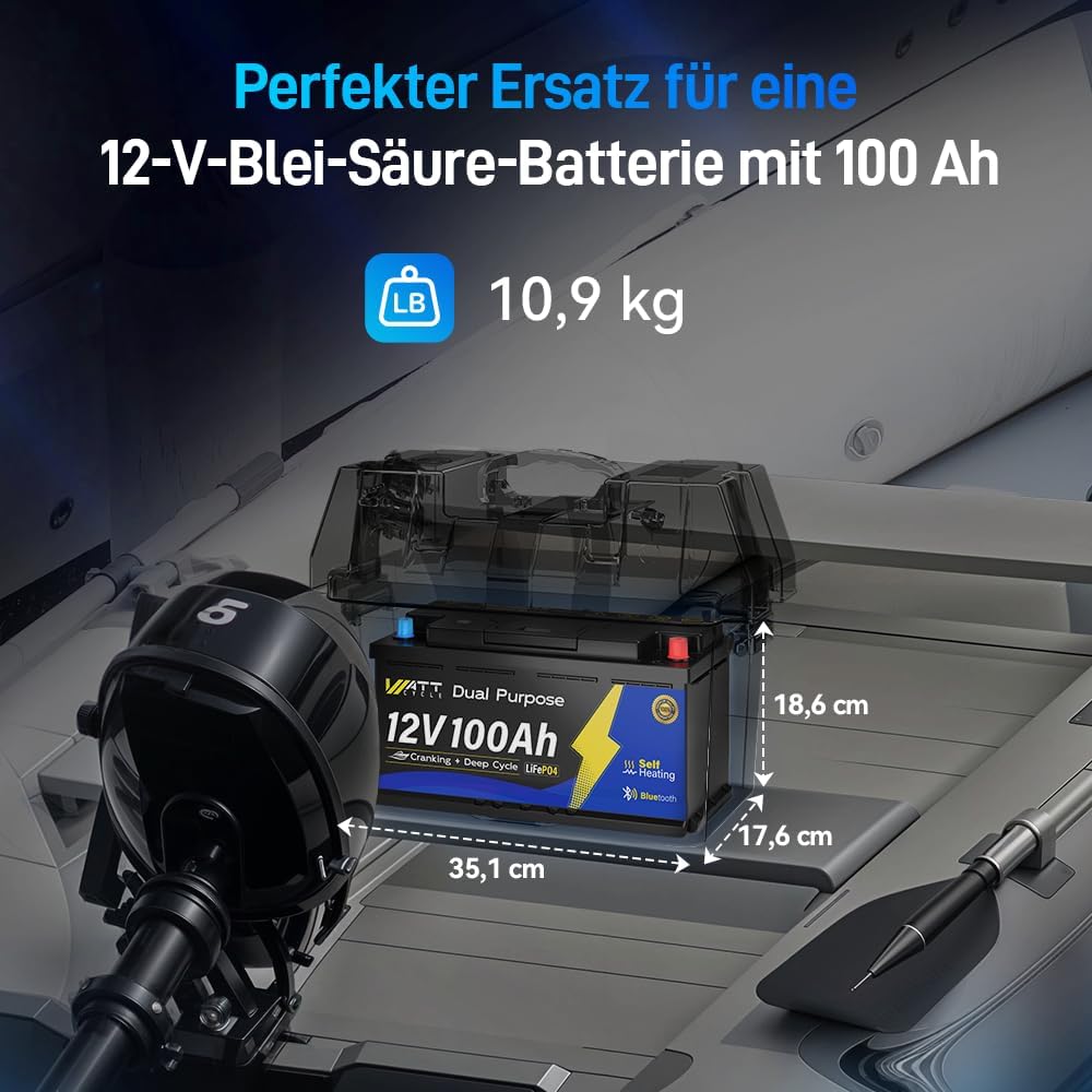 12V 100Ah Dual Purpose Marine Cranking LiFePO4 Lithium Battery Bluetooth 1200CCA / 1500MCA, Starting Lithium Batterys with Self-Heating, Built-in 200A BMS, Perfect for Trolling Motor, Boat