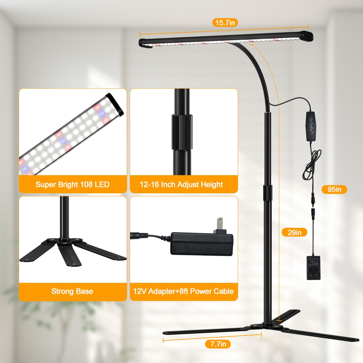 Super-Bright Grow Light for Indoor Plants, 6000K 108LEDs Full Spectrum Plant Lamp with Timer 4/8/12Hrs & Height Extendable for Home Office Desktop Plants, 12V 3A High Power Output for Faster Growth