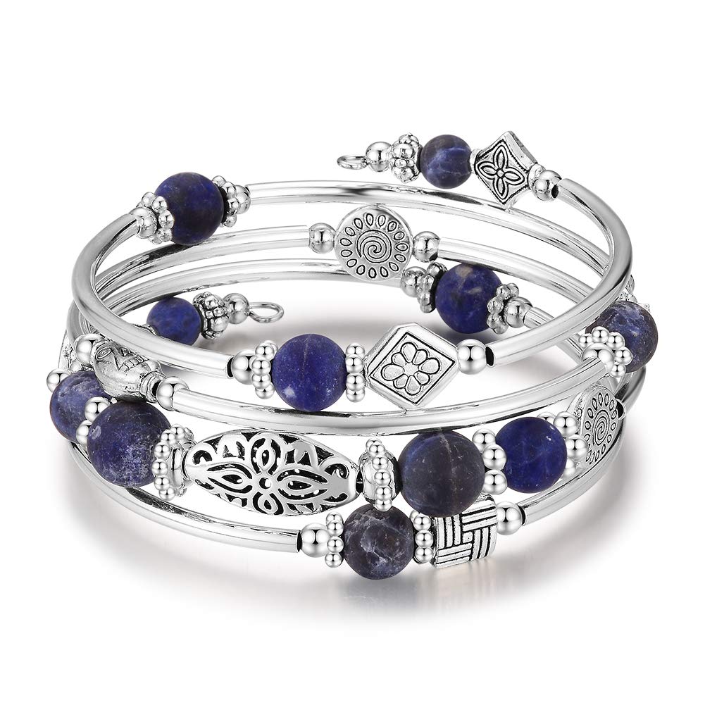 BULINLIN Layered Wrap Bangle Turquoise Bracelet - Bead Bracelet with Natural Agate Stone, Gifts For Women (04-Navy blue)