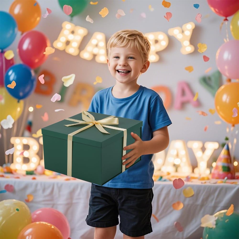 UoeRing 1Pcs Green Extra Large gift box with lids 16.5×13×8 Inches gift boxes for presents,Birthday Box (include Ribbon, Paper Shred Filler Gift Card & Envelopes)