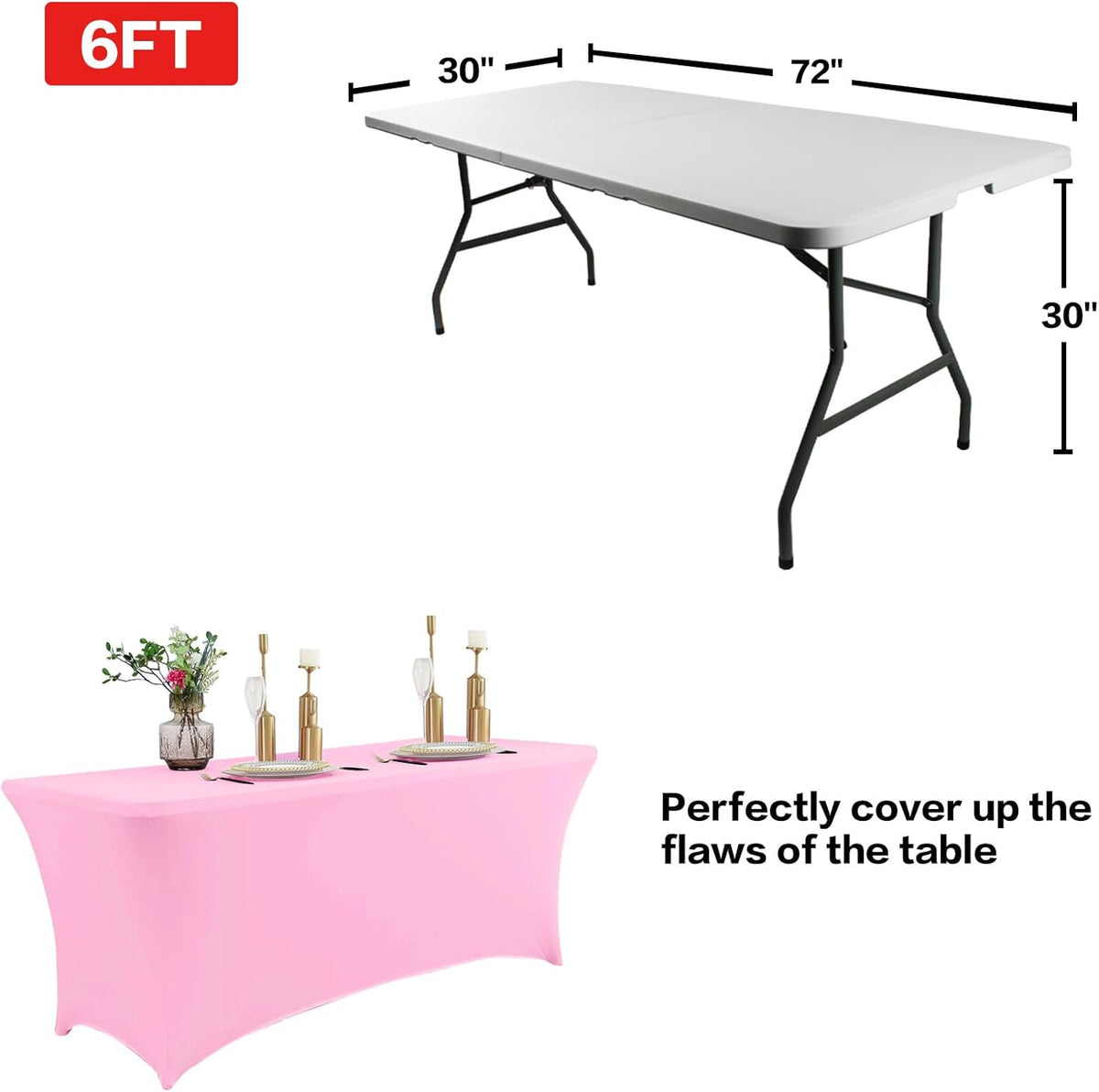 IVAPUPU 2 Pack 6FT Table Cloth for Rectangular Fitted Events Stretch Pink Table Covers Washable Spandex Tablecloth Protector for Party, Wedding, Cocktail, Banquet, Festival