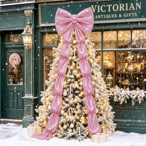 Giant Sequin Bow Pink Christmas Tree Bows 75 x 23 Inch Large Bow for Christmas Oversized Big Glitter Bows with Long Streamers for Front Door Xmas Tree Topper Room Wall Backdrop