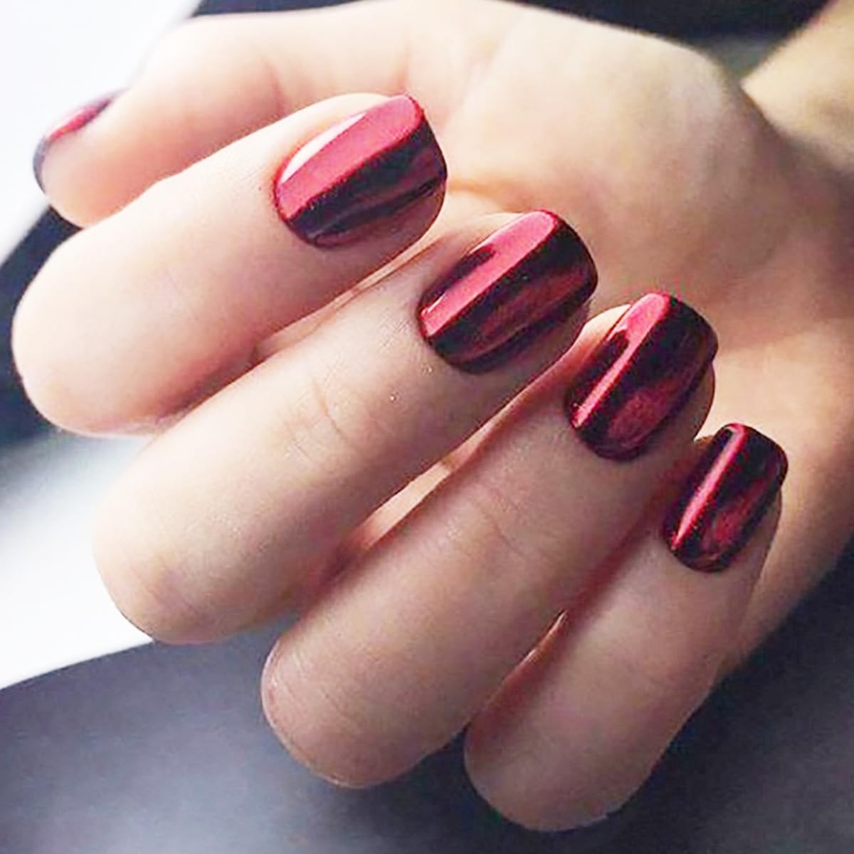 Red Press on Nails Short Square Fake Nails Mirror Chrome False Nails Shiny Glossy Acrylic Nails Wine Red Artificial Nails Press ons Metal Glue on Nails for Women Girls Manicure Nails Decoration 24Pcs