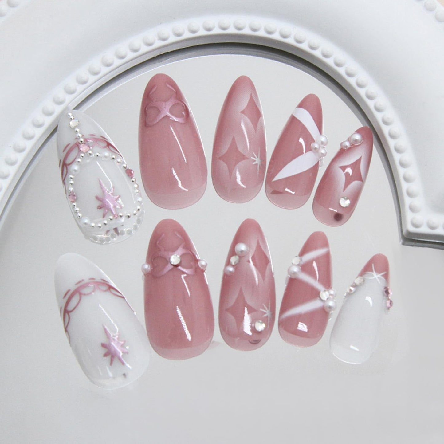 TBRZTR 24Pcs Press on Nails Medium Almond Artificial Acrylic False Nails French 3D Star Bow with Rhinestones Pearl Stick on Nail Full Cover Reusable Coffin Artificial Fingernails for Women Manicure