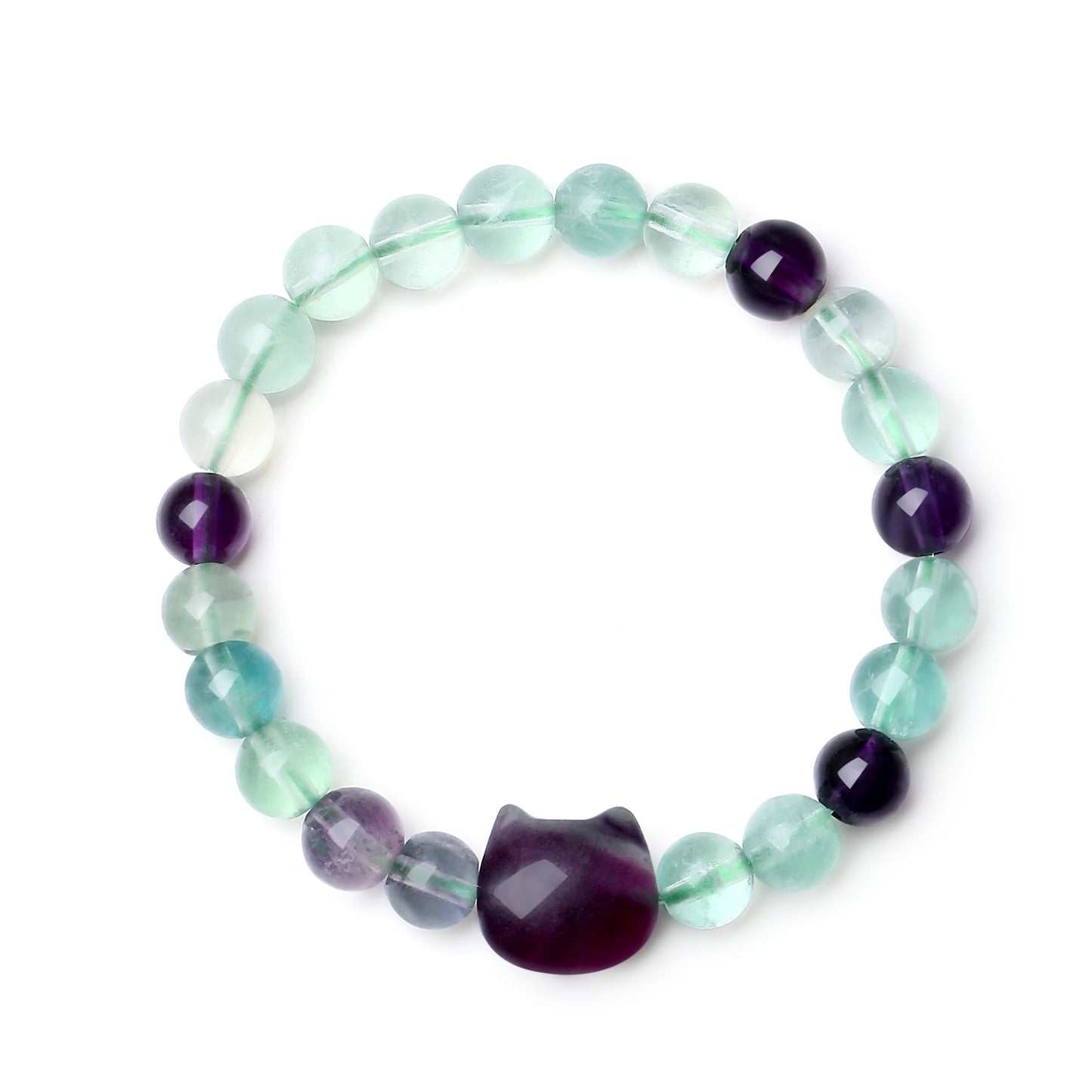 XIANNVXI Fluorite Bracelet for Women - Cute Cat Lover Gift - Natural Crystal Stretch Bracelet - 8mm Beaded Jewelry