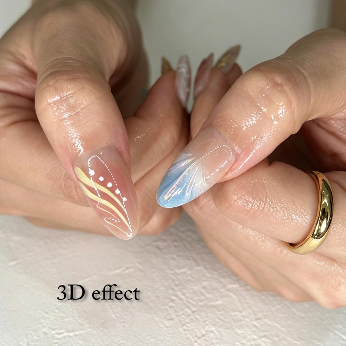 3D Press On Nails Almond Medium Fake Nails with Cat's Eye Embossed Starfish&Lines Summer Beach Designs, Acrylic Artificial Nail Press ons False Stick On Nails for Women Girls 30Pcs