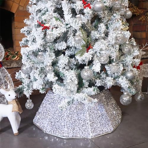 Blissun Christmas Tree Collar, Sequin Christmas Tree Skirt, Folable Christmas Tree Ring, Xmas Tree Stand Base Cover for Christmas Tree Decoration (Silver, Round)
