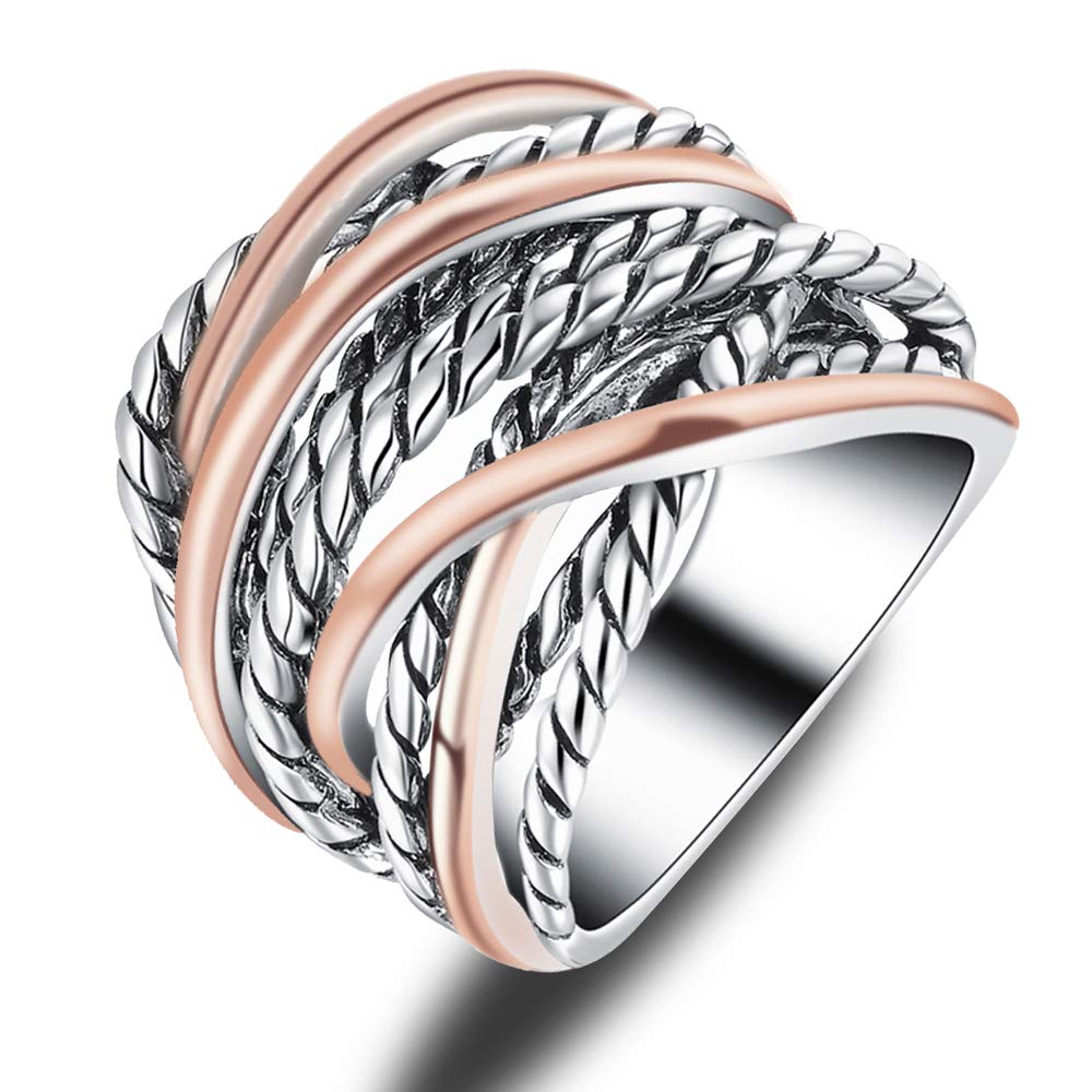 Mytys Gold and Silver Statement Rings for Women Wire Intertwined Design 14K Gold Plated Silver Band Ring Wide Index Finger Rings Costume Jewelry (Rose gold & Silver, 8)