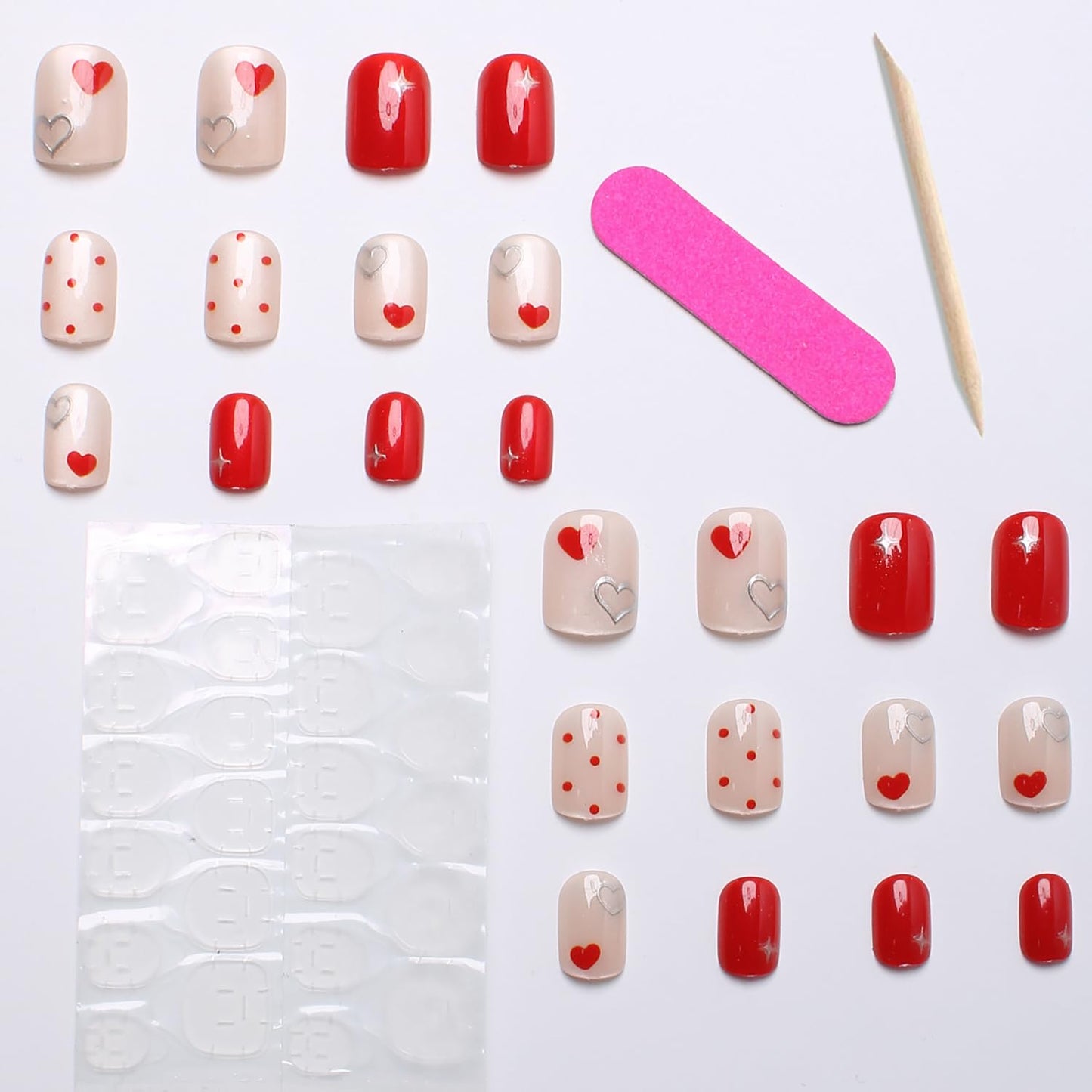 24Pcs Valentines Press on Nails Short Square Fake Nails with Designs Heart Acrylic Nails Glitter Valentine False Nails Red Glossy Full Cover Glue on Nails for Women Wedding Nail Decorations