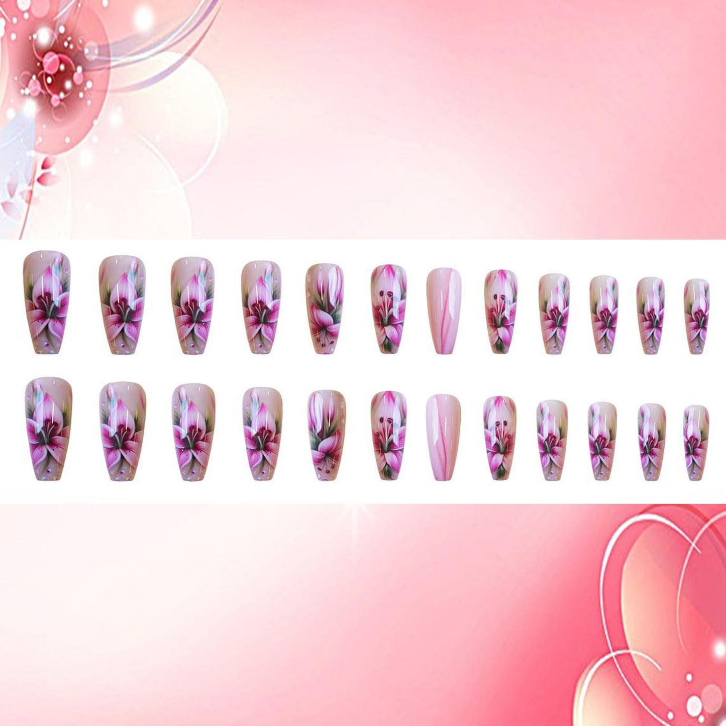 Flower Press on Nails Medium Length Pink French False Nails Lily Floral Design False Nails Full Cover Glossy Acrylic Nails Ballet Shaped Artificial Stick on Nails Reusable Glue on Nails for Women