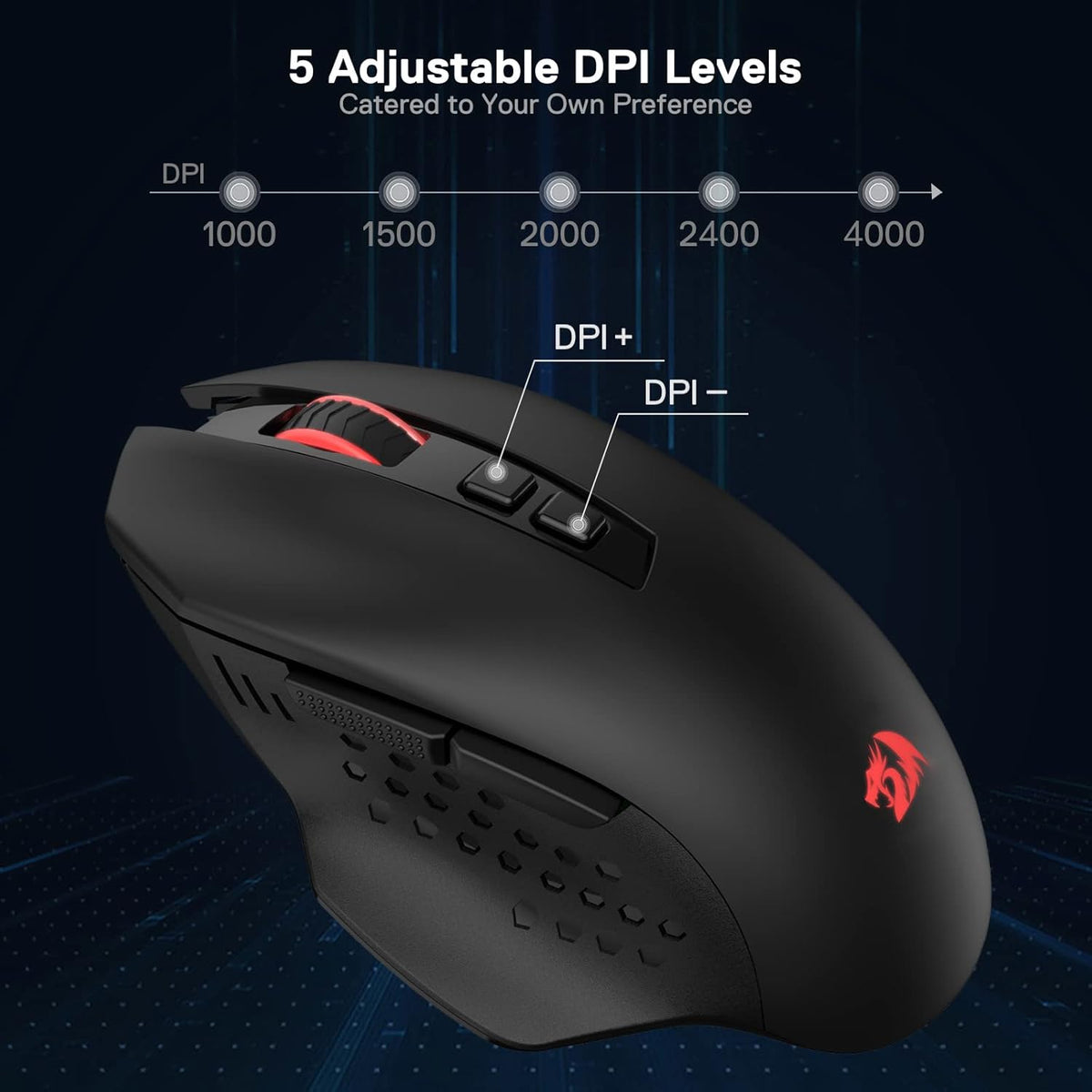 Redragon M656 Gainer Wireless Gaming Mouse, 4000 DPI 2.4Ghz Wireless Mouse w/ 5 DPI Levels, 7 Macro Buttons, Red LED Backlit & Pro Software/Drive Supported, for PC/Mac/Laptop