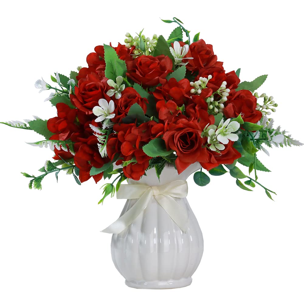 LESING Artificial Rose Silk Hydrangea Flowers Bouquets with Vase Rustic Fake Flowers for Home Decoration Table Centerpiece(Claret Red)