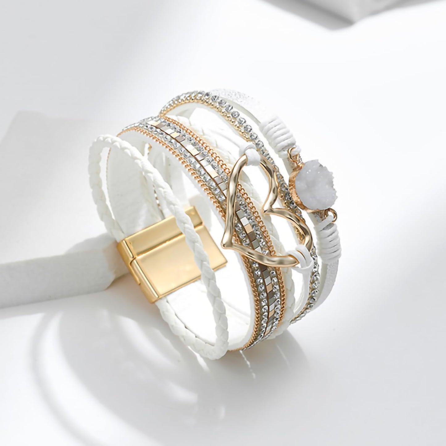 Leopard Bracelet for Women, Boho Leather Wrap Multi-Layer Pearl Crystal Bracelet Bangle Jewelry (Heart Leather(White))