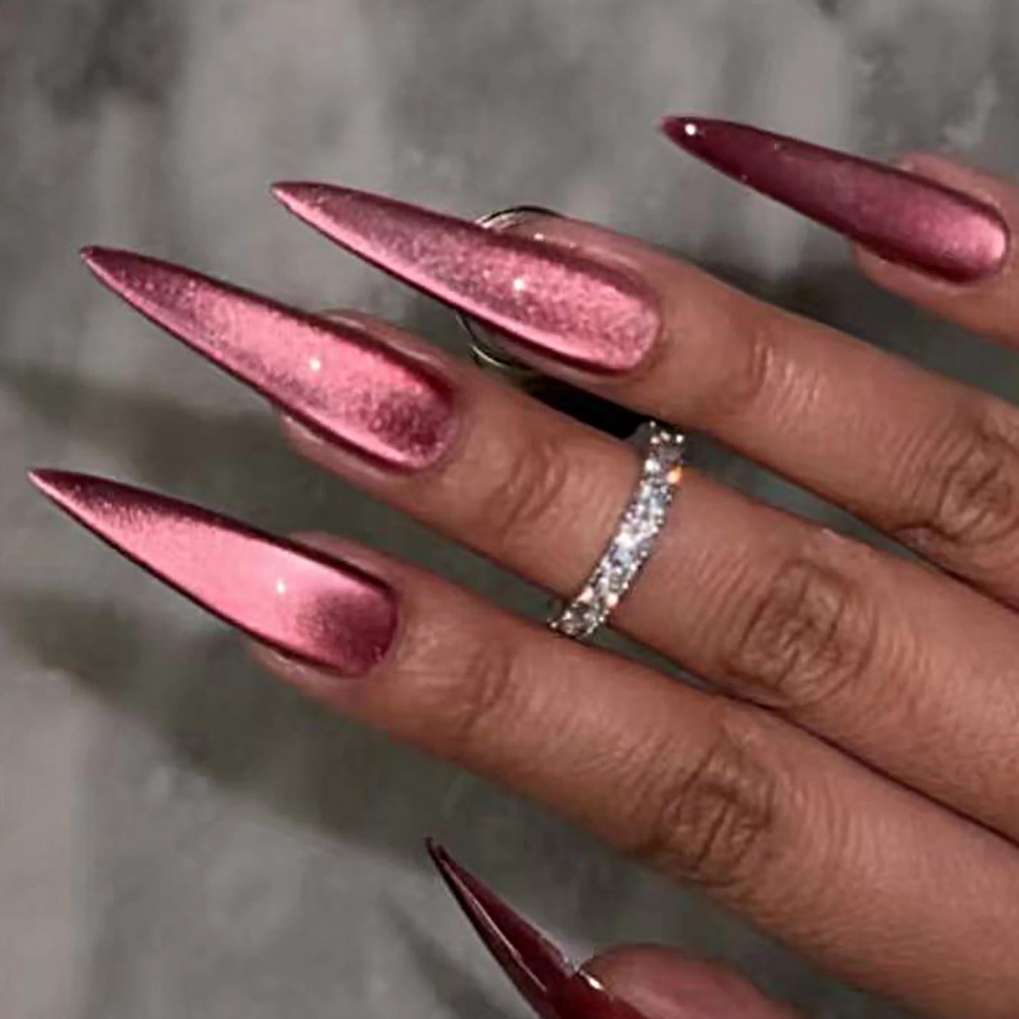 MISUD Press on Nails - Long Stiletto Fake Nails, Acrylic Summer Hot Pink Cat Eye Design 24 pcs
