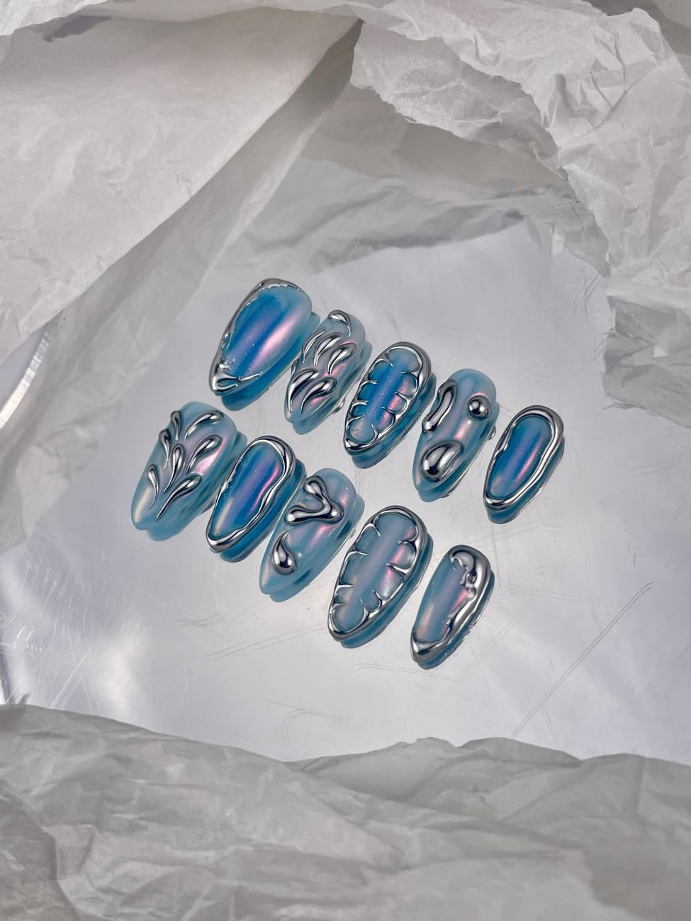 RDNTBEU Press on Nails Blue Ombre Medium Almond 3D Fake Nails Reusable Luxury Handmade False Nails with Design Solid Chrome,Press ons Muti-Layer Gel Acrylic Handmade Nails for Wome Manicure(Size S)