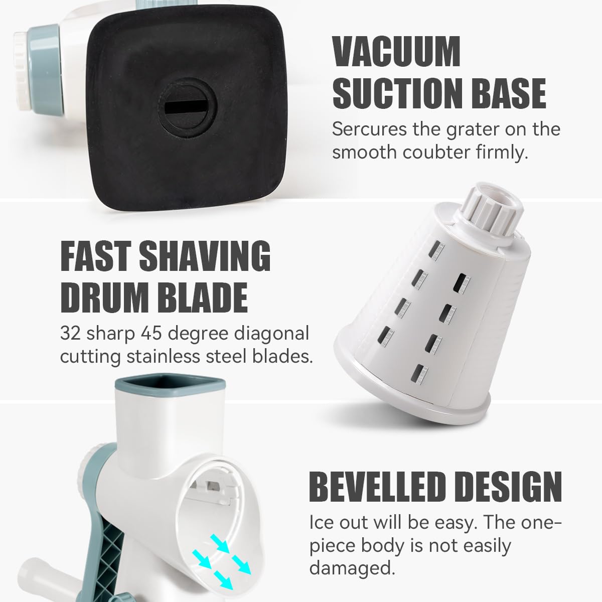 Rotary Ice Shaver with Handle Manual Hand Crank Snow Cone Maker Machine Qucik Shaved Ice Maker with Suction Feet, All Ice Cubes Fitted.Premium Portable Ice Crusher and Shaved Ice Machine.