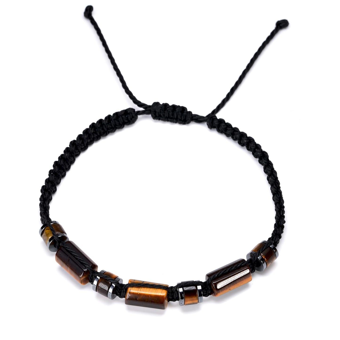 Senxilk Tiger Eye Bracelet, Black Braided Cord, Adjustable Size, for Men and Teens