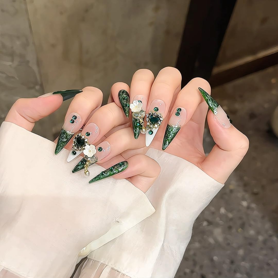 JIEADJIE Press On Nails (100% Handmade),Length Version,Handmade Painted Nail Art by Nail Technician,Luxury Party and Holiday Styles (White green French, Small)