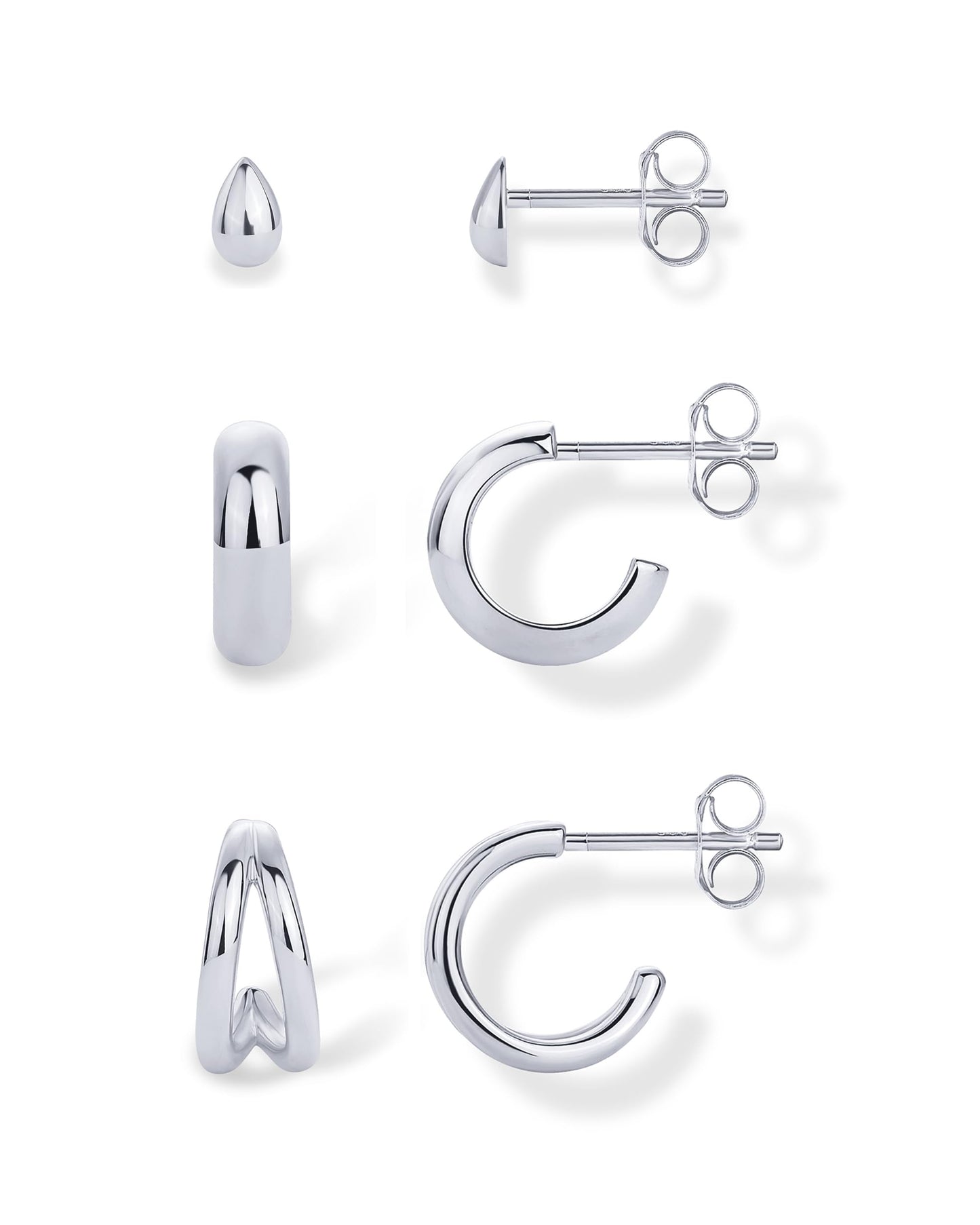 PAVOI Rhodium Plated 925 Sterling Silver Posts 3-Pair Statement Earscape Earrings for Women - Three Set Double Huggie Multi Hoop Teardrop Stud Stack Piercing Pack