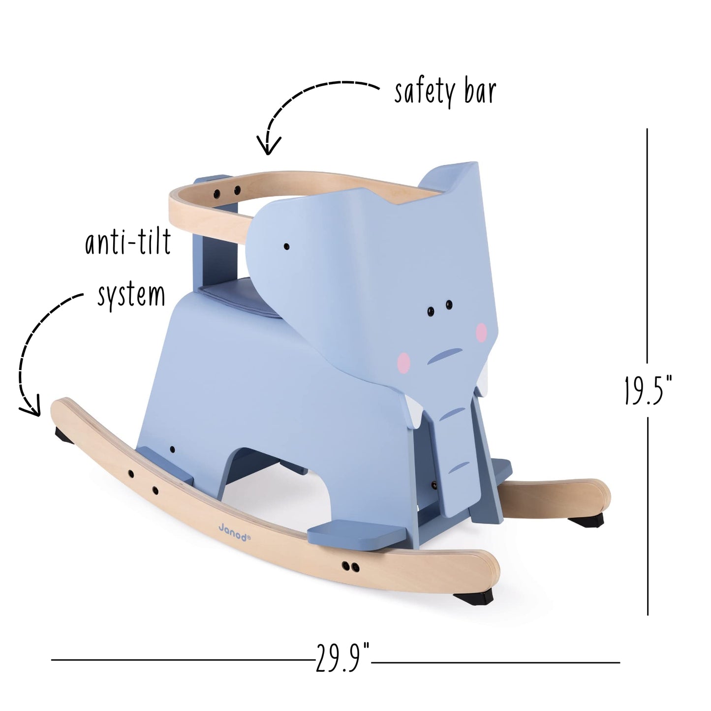 Janod Rocking Elephant – Classic Wood Rocker Ride-On Toy - Ages 1+ - J08024
