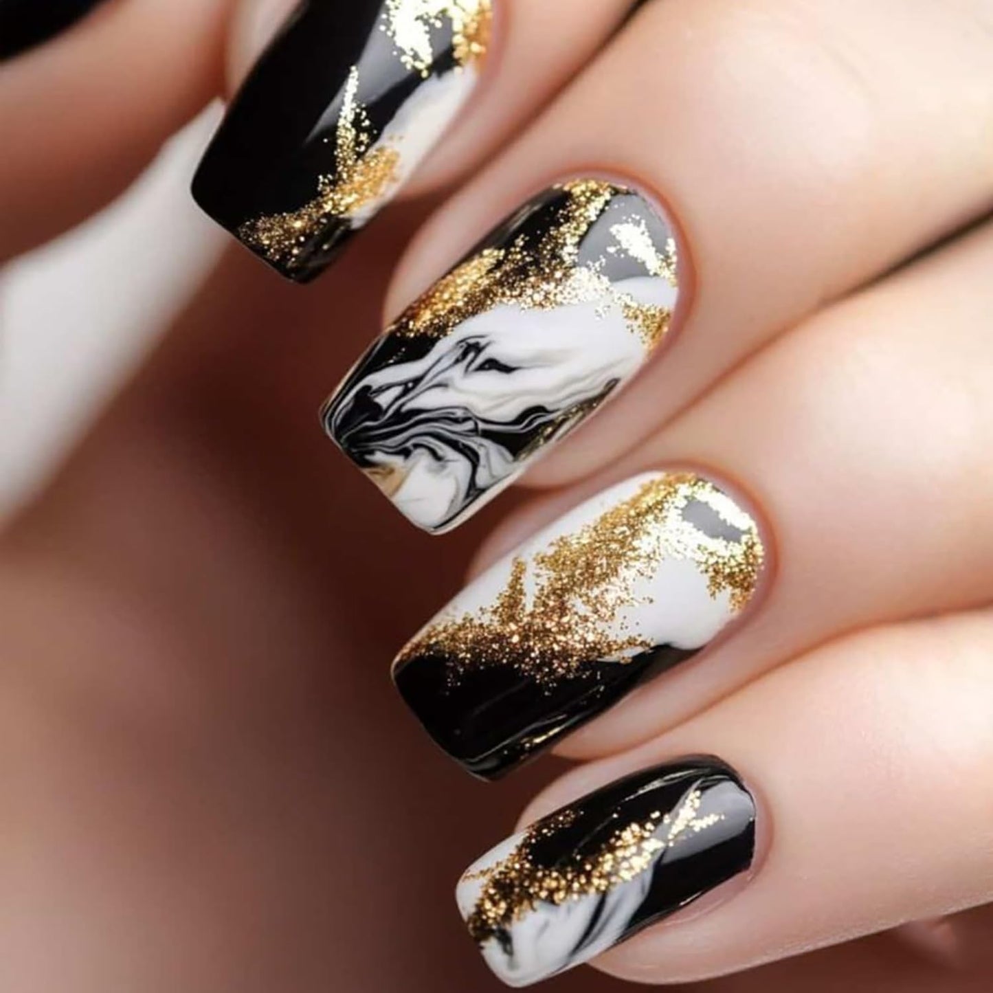 Vopintpy Black and White Marble Press on Nails Medium Square Fake Nails with Design Glossy Acrylic Glue on Nail Reusable Full Cover Artificial Stick on Nail for Women DIY Manicure