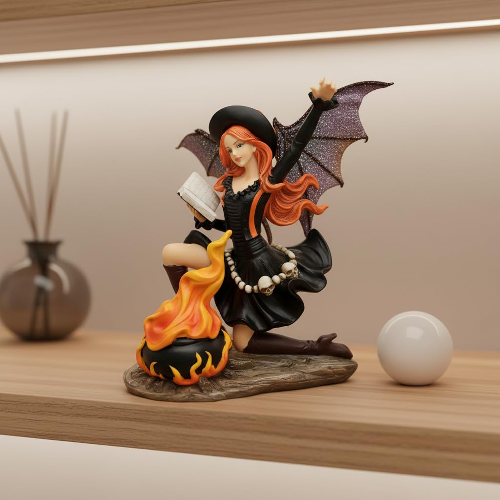 Comfy Hour 9" Gothic Fairy Witch Figurine with Owl and Cauldron, Fantasy Sorceress Reading Book Statue, Mystical Halloween Indoor Decor Accent, Polyresin Artisan Crafted Sculpture, 1 Unit