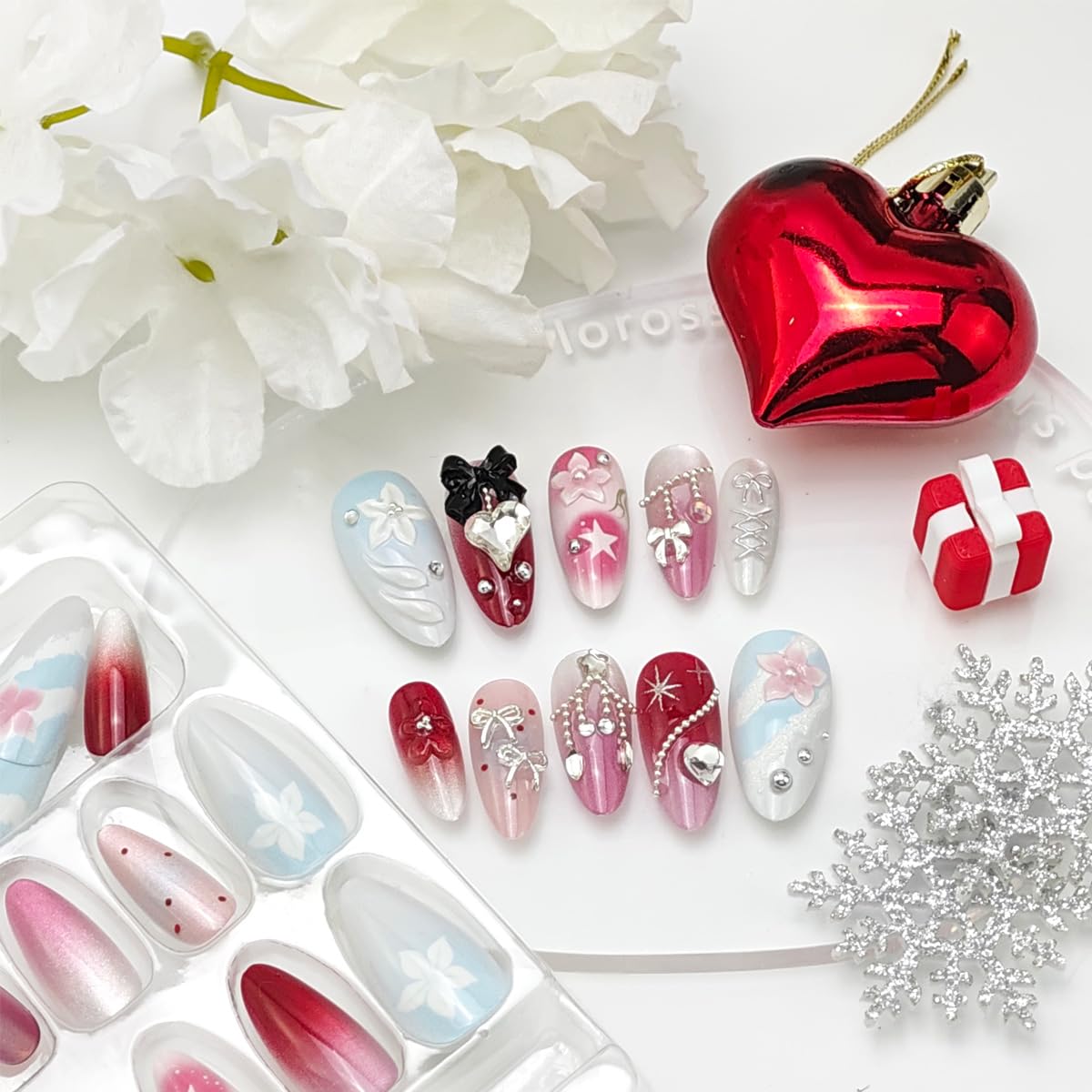 24Pcs Valentines Press on Nails Medium Almond Fake Nails with 3D Black Bow Pearl Rhinestones Designs Cute Heart False Nails Pink Flowers Full Cover Acrylic Stick on Nail for Women DIY Manicure Decor