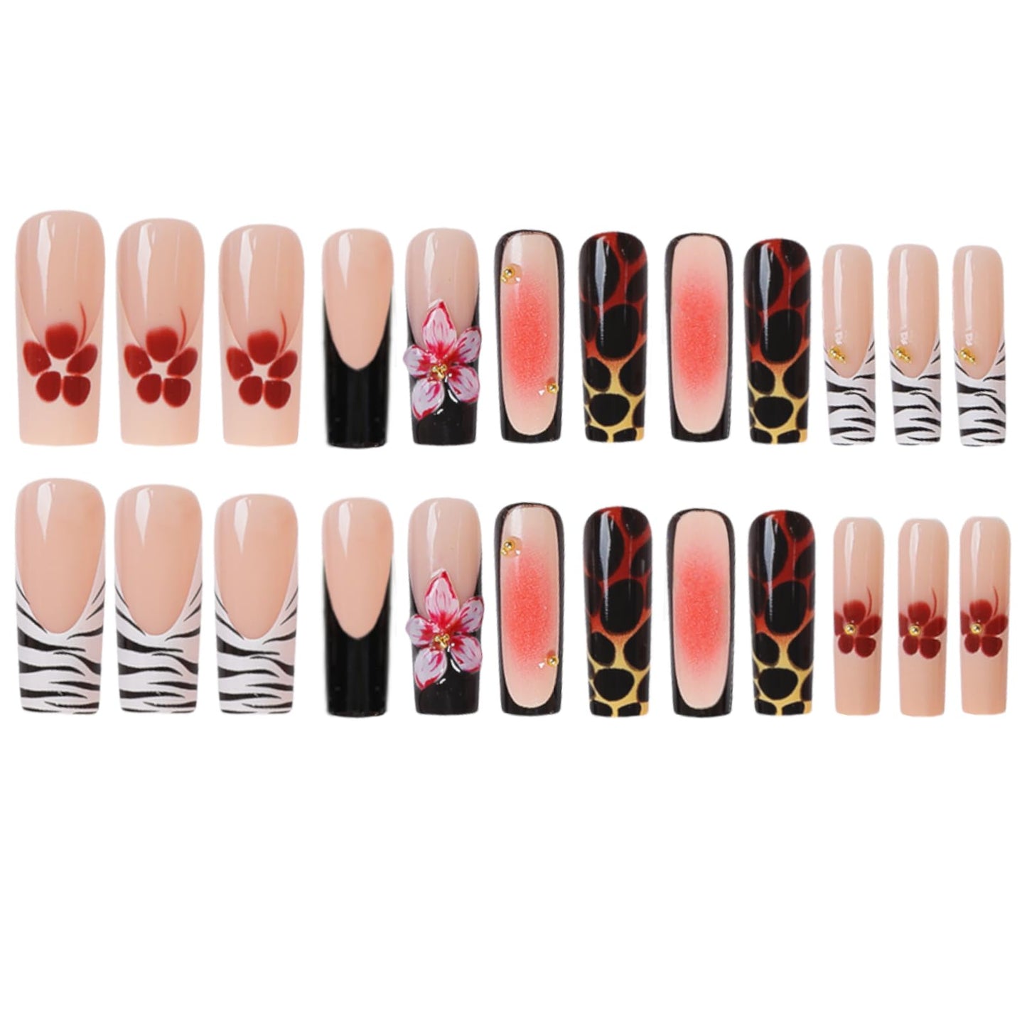FORBELOVED NAILS,French Tip-Line Zebra Press On Nails,Long Square Glue On Nails,Shiny 3D Flower With Gradient Blush Design False Nails For Women And Girls,12 Sizes-24Pcs with Glue,(Black),FOB